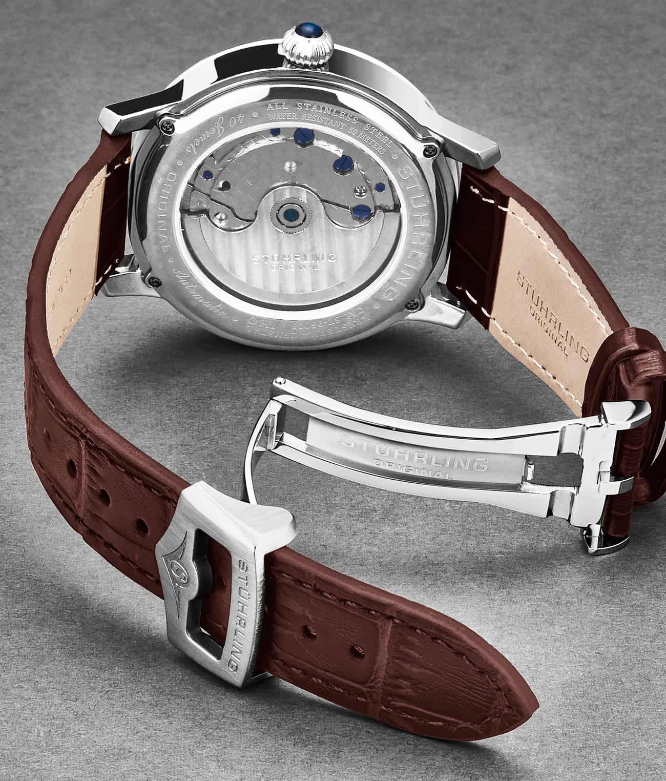 Stührling 24mm Leather Strap with Stainless Steel Deployant Buckle - Image 4