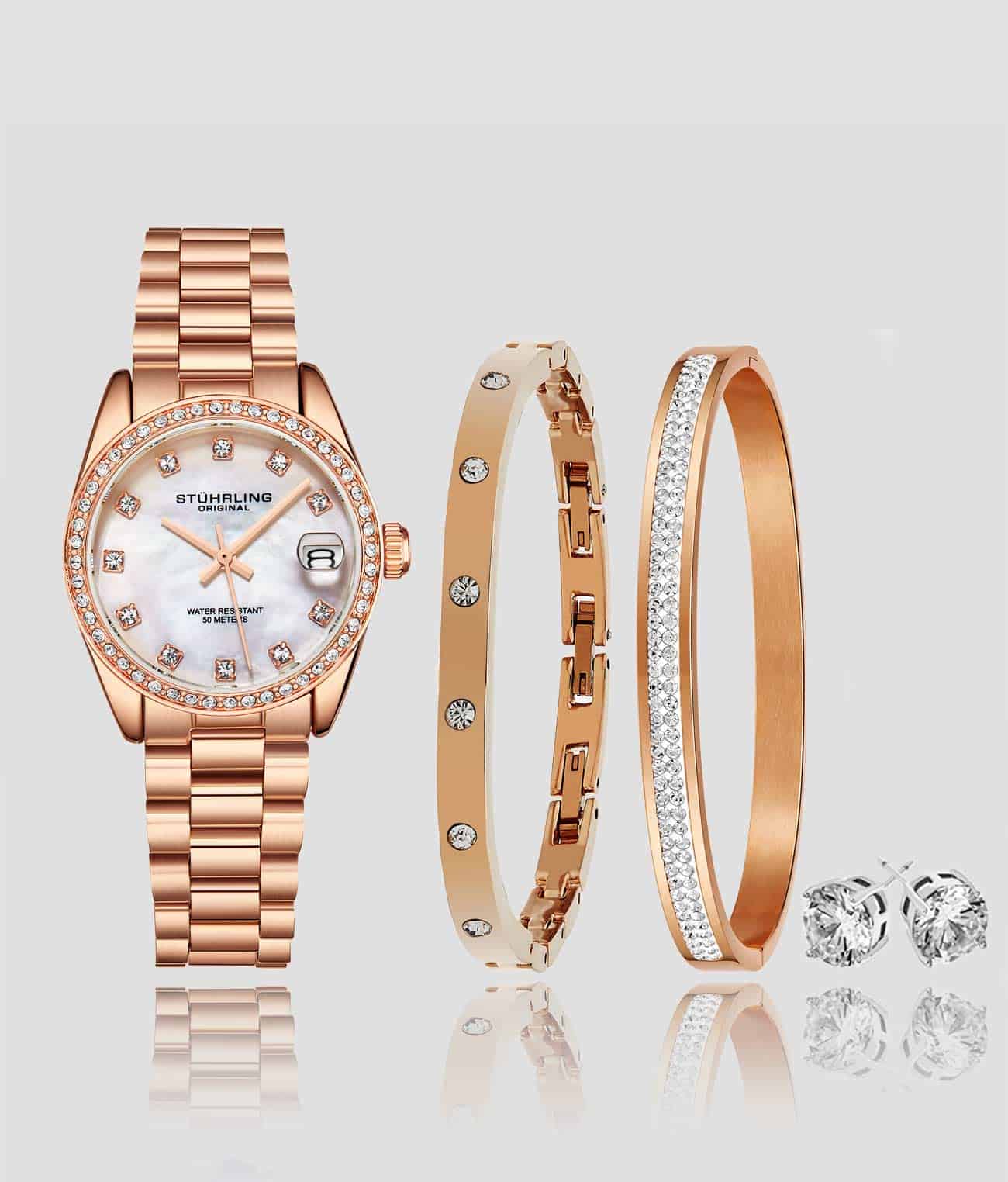 Stührling Lineage 3936.4 Quartz 31mm Fashion with Lily Polished Bangle, Sofia Frosted Bangle and Studs