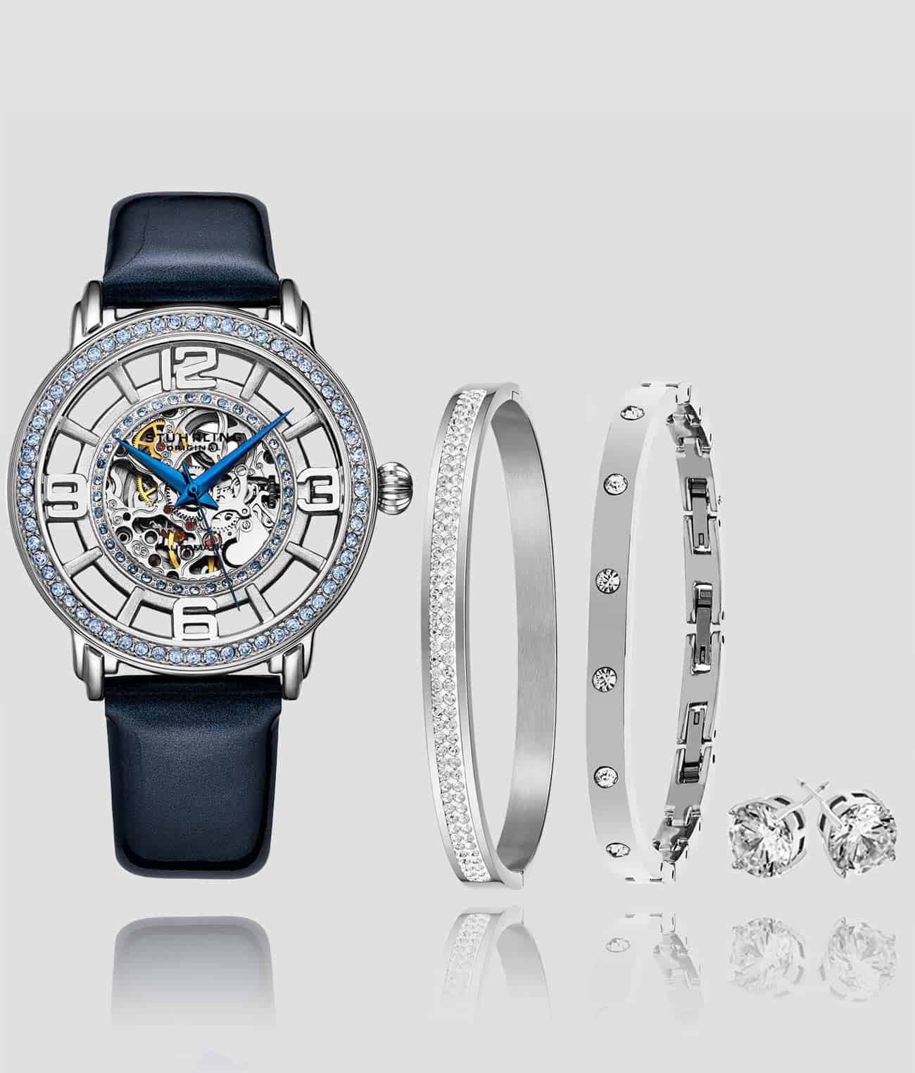 Stührling Winchester 3941.2 Automatic 38mm Skeleton with Sofia Frosted Bangle, Lily Polished Bangle and Studs