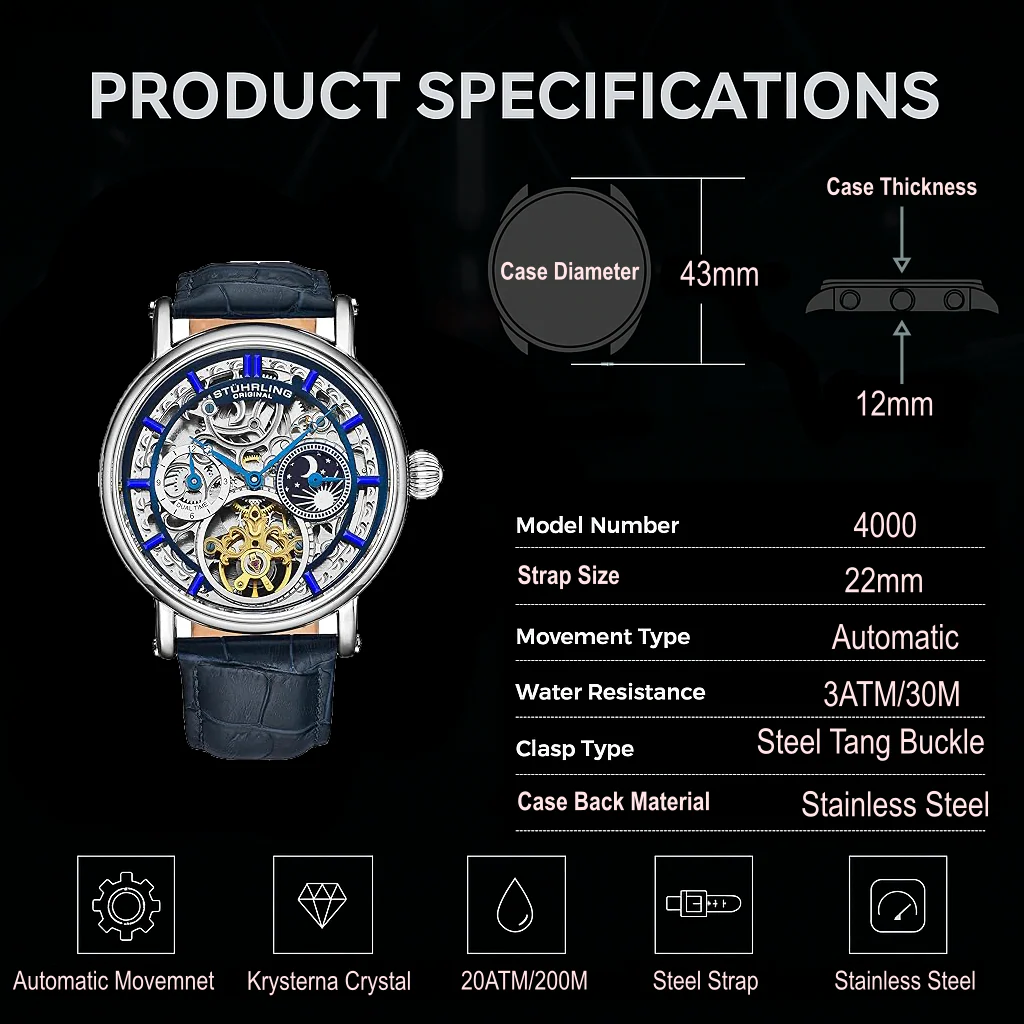 Stührling Macrocosm 4000 Automatic 43mm Skeleton with Dual Time - Image 17