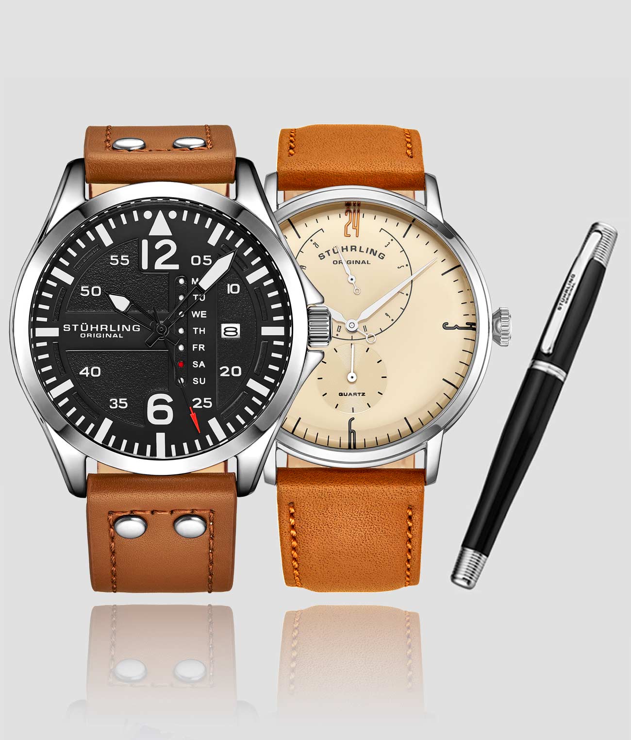 Stührling Aeronaut 44mm Aviator, Cabaletta Quartz 42mm, and Stührling Signature Pen