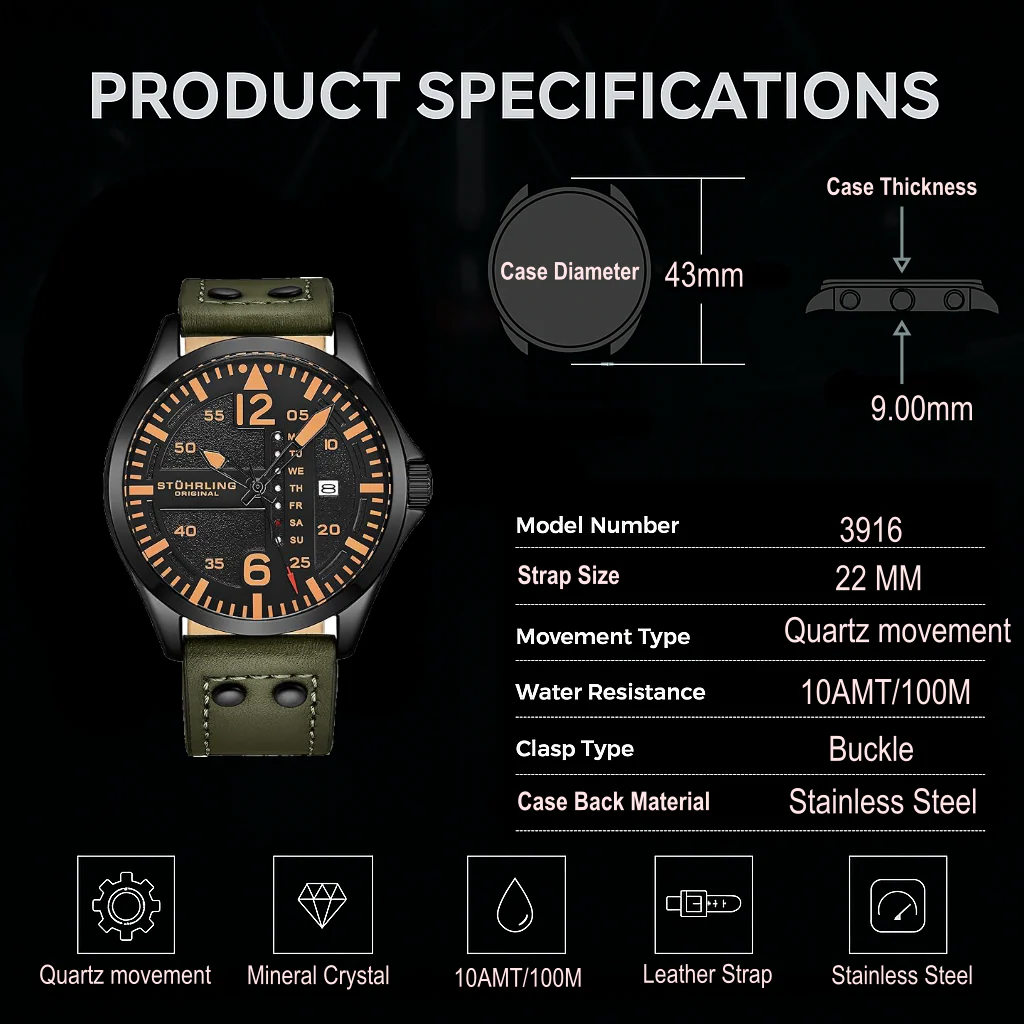 Stührling Aeronaut 3916 Quartz 43mm Aviator - Image 37