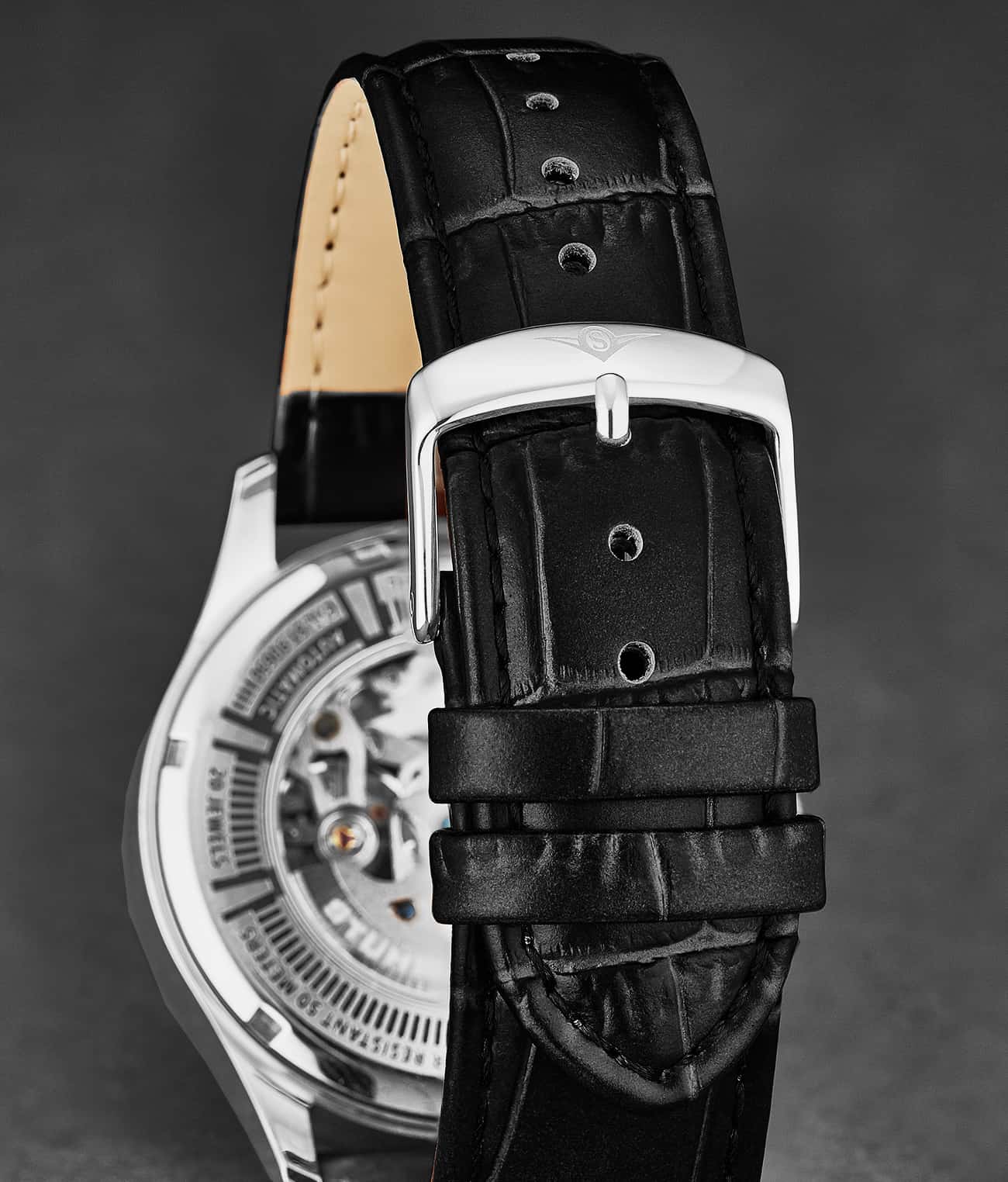 Stührling Genuine Calfskin Black Leather Alligator Embossed 22mm Strap - Image 2