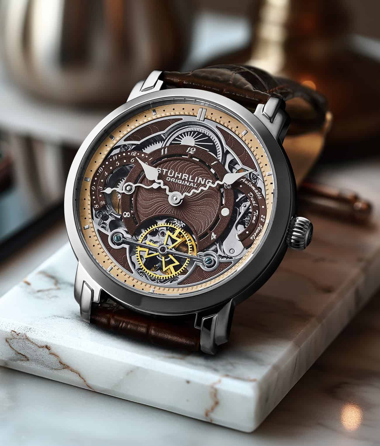 Stührling Celestial Timekeeper 1017 Dual Time Automatic 44mm Skeleton Watch - Image 11