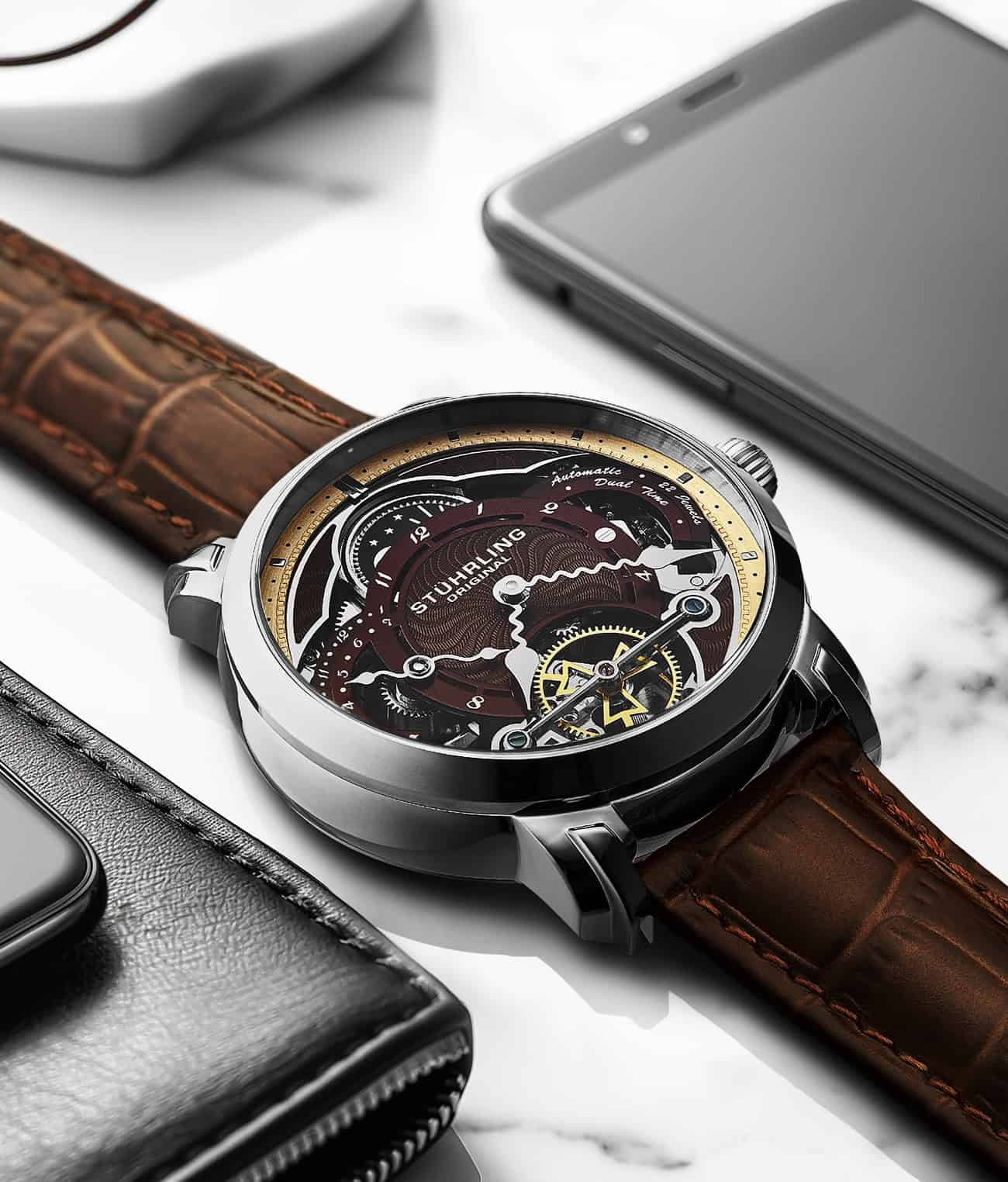 Stührling Celestial Timekeeper 1017 Dual Time Automatic 44mm Skeleton Watch - Image 12