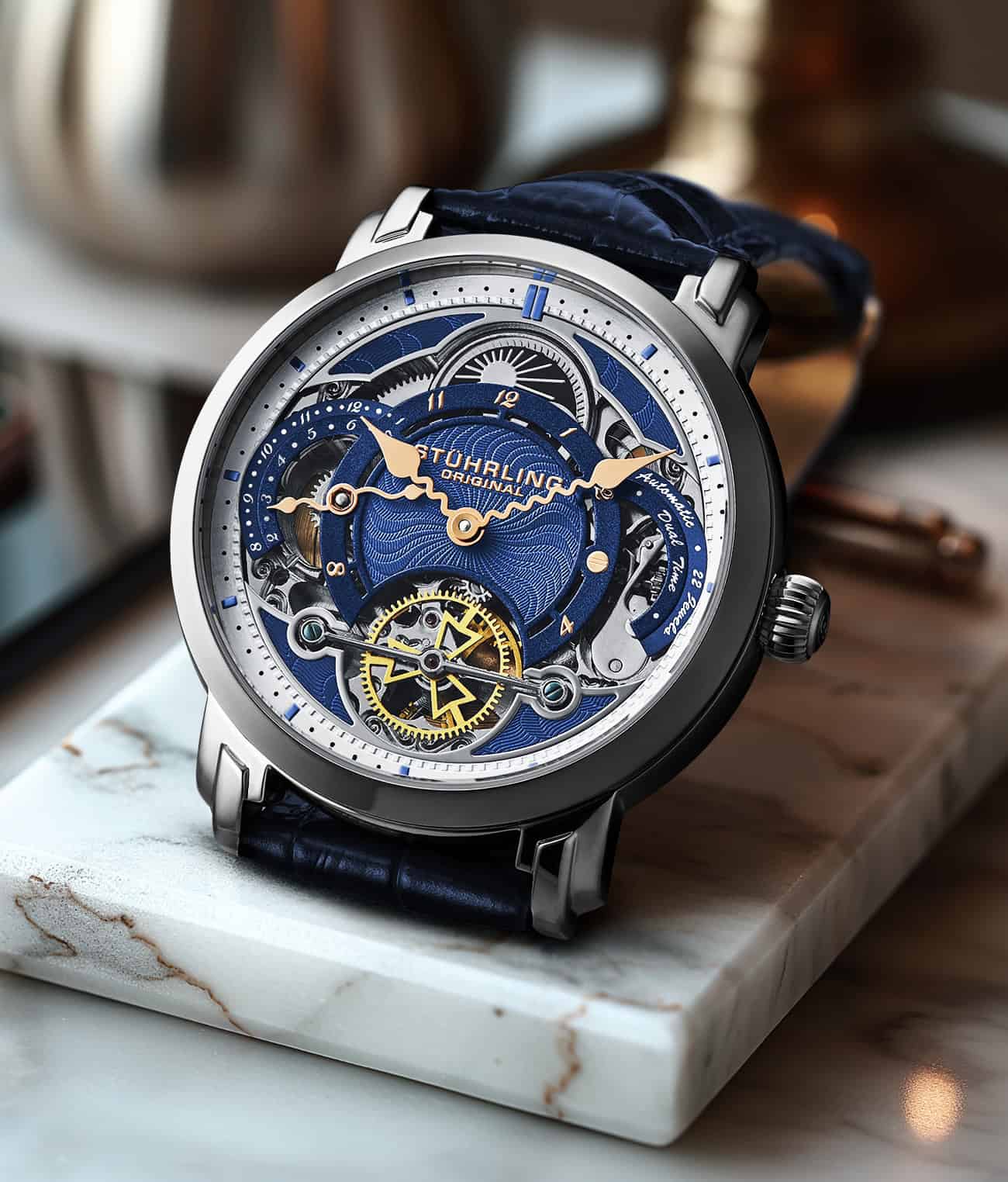 Stührling Celestial Timekeeper 1017 Dual Time Automatic 44mm Skeleton Watch - Image 18