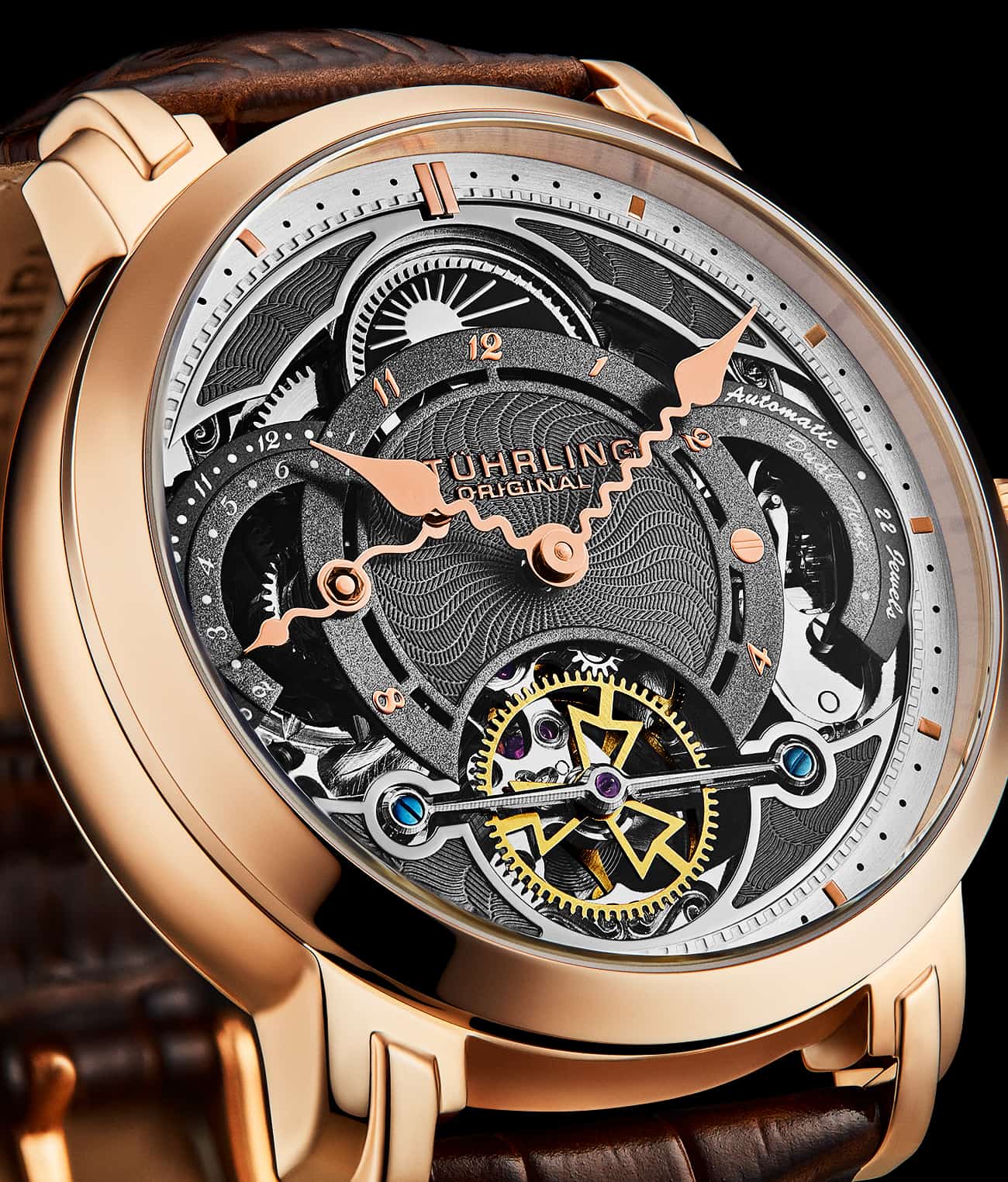 Stührling Celestial Timekeeper 1017 Dual Time Automatic 44mm Skeleton Watch - Image 23