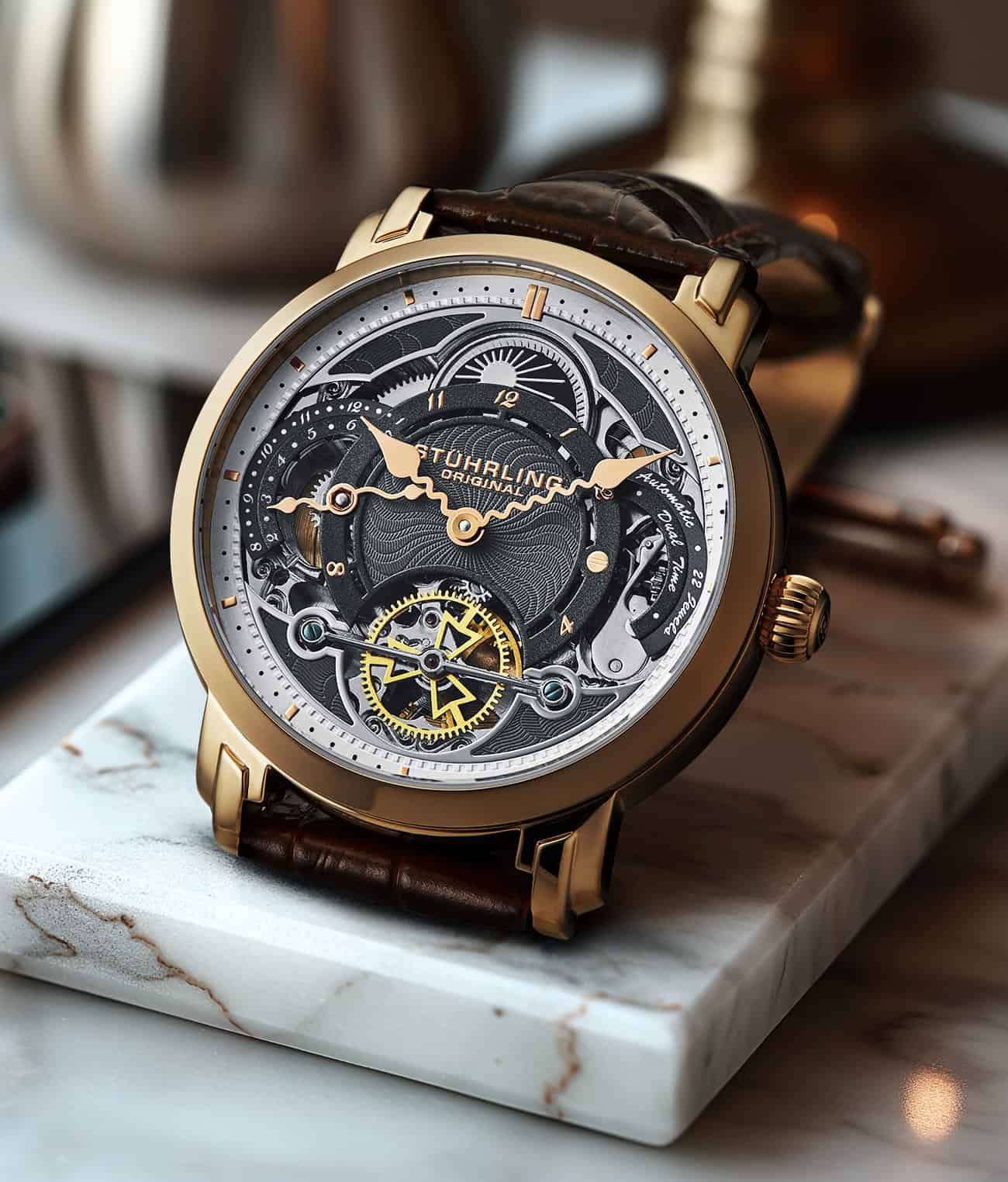Stührling Celestial Timekeeper 1017 Dual Time Automatic 44mm Skeleton Watch - Image 26