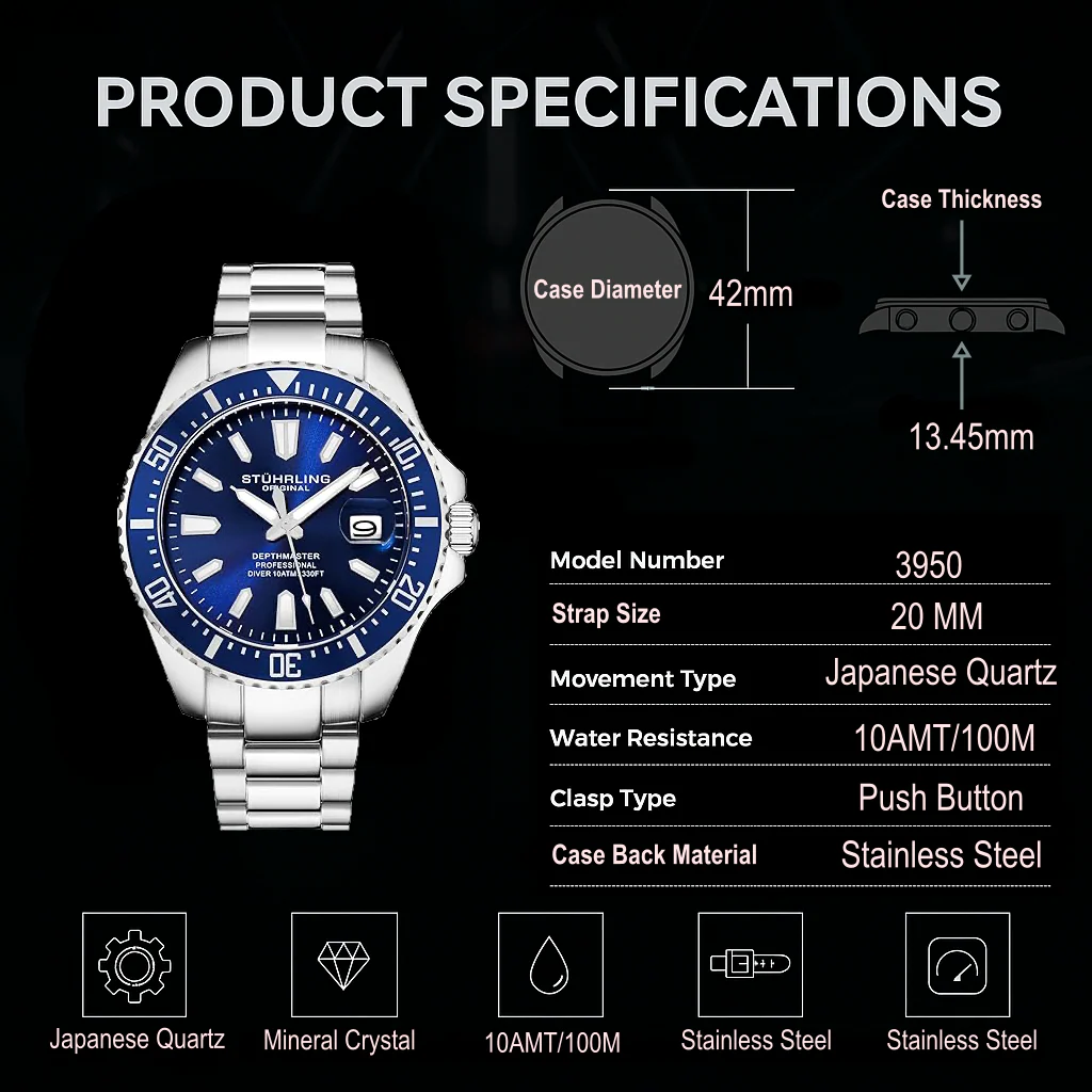 Stührling Depthmaster 3950A Quartz 42mm Diver - Image 70