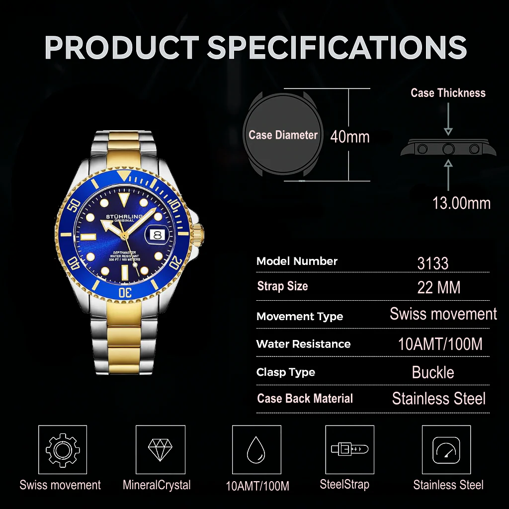 Stührling Depthmaster 4055 Swiss Quartz 40mm Dive Watch - Image 6