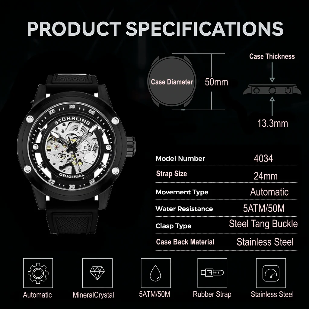 Stührling Grandiose 4034 Automatic 50mm Skeleton - Image 27