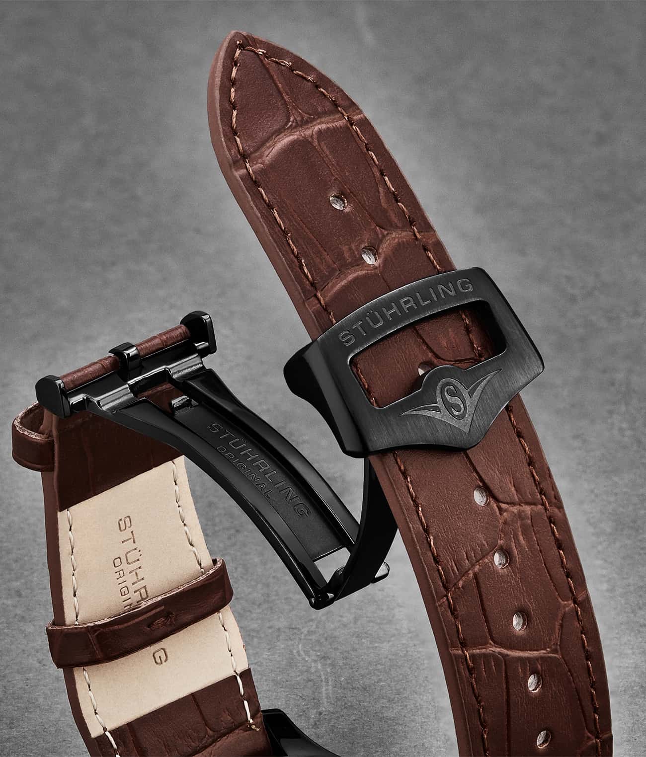 Stührling 22mm Leather Strap with Stainless Steel Deployant Buckle - Image 58