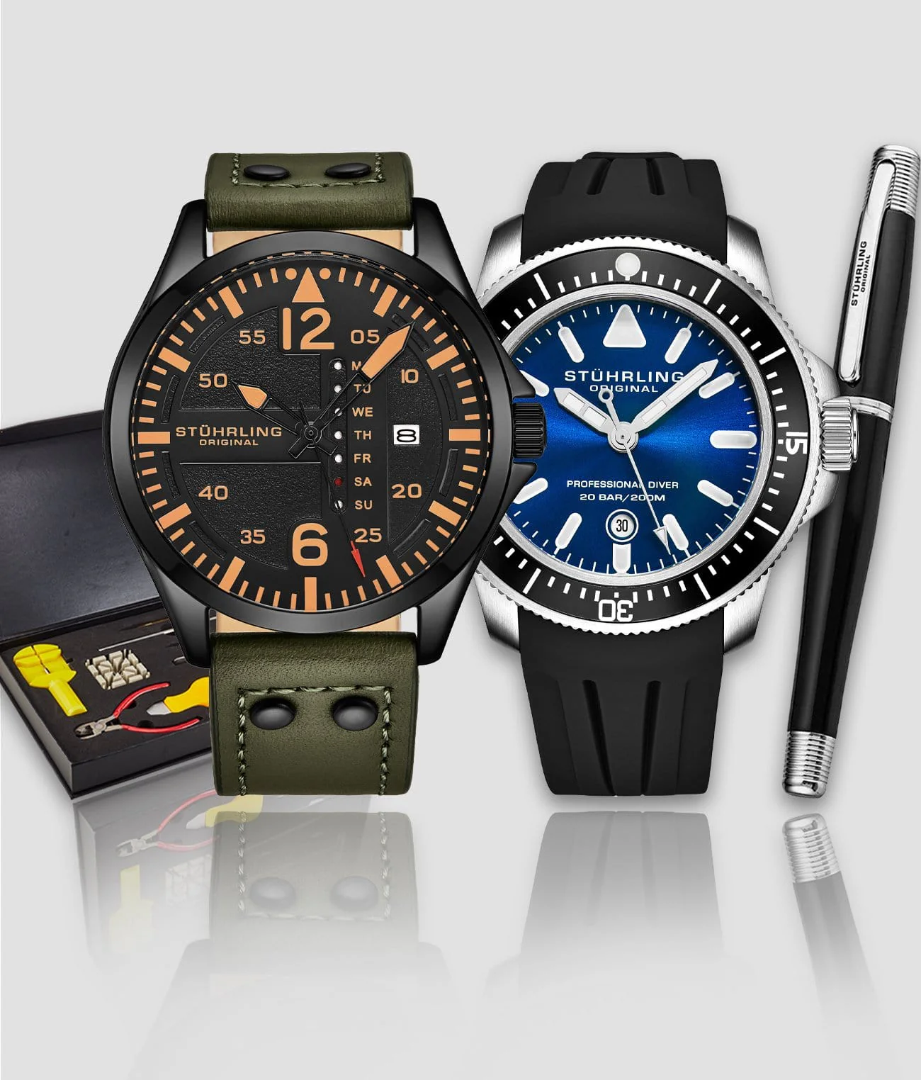 Stührling Maritimer 935.02, Aviator 3916.3, Signature Pen, and Watch Tool Kit