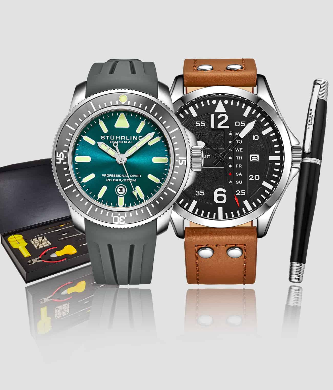 Stührling Maritimer 935.04, Aviator 3916.2, Signature Pen, and Watch Tool Kit