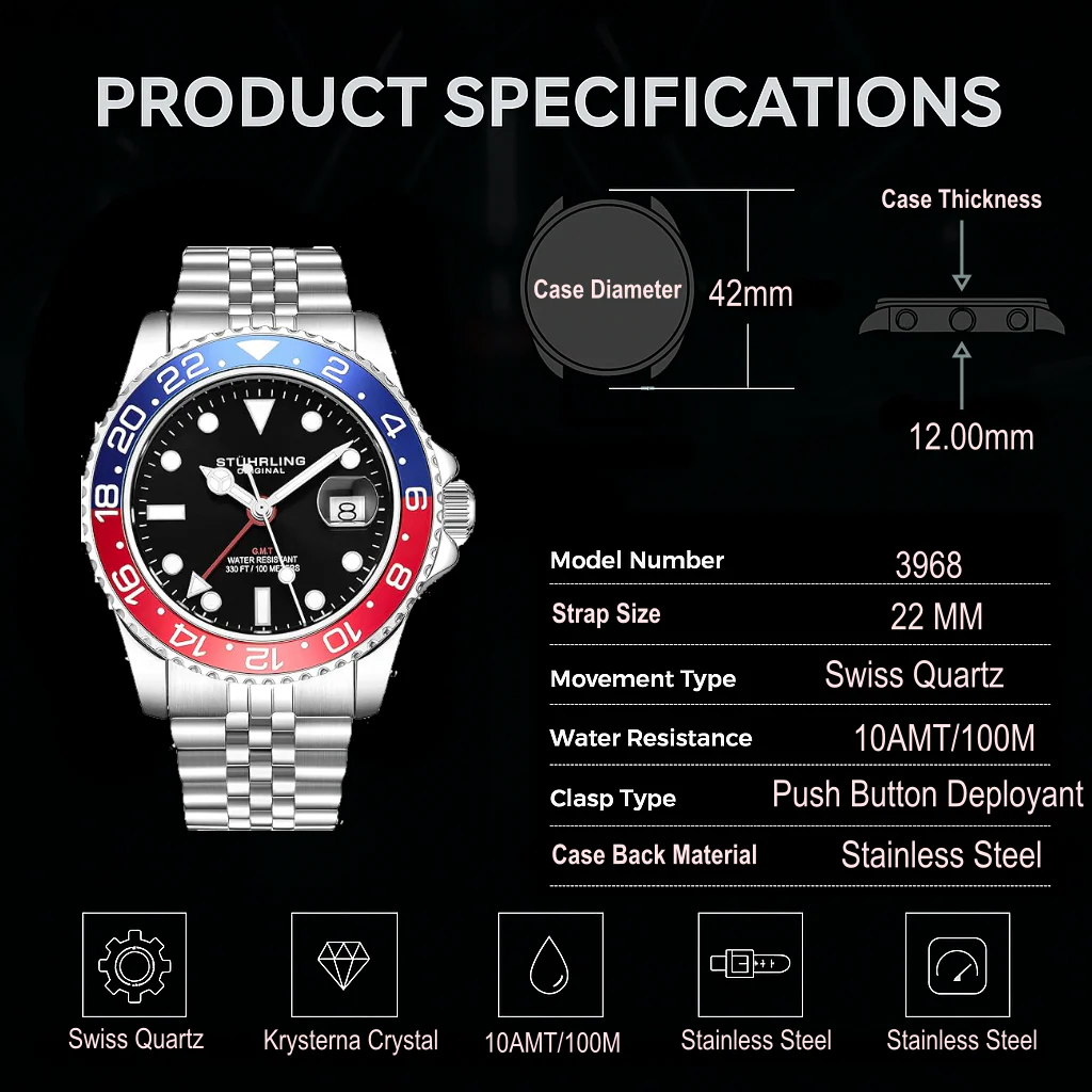 Stührling Meridian 3968 GMT Quartz 42mm Diver - Image 45