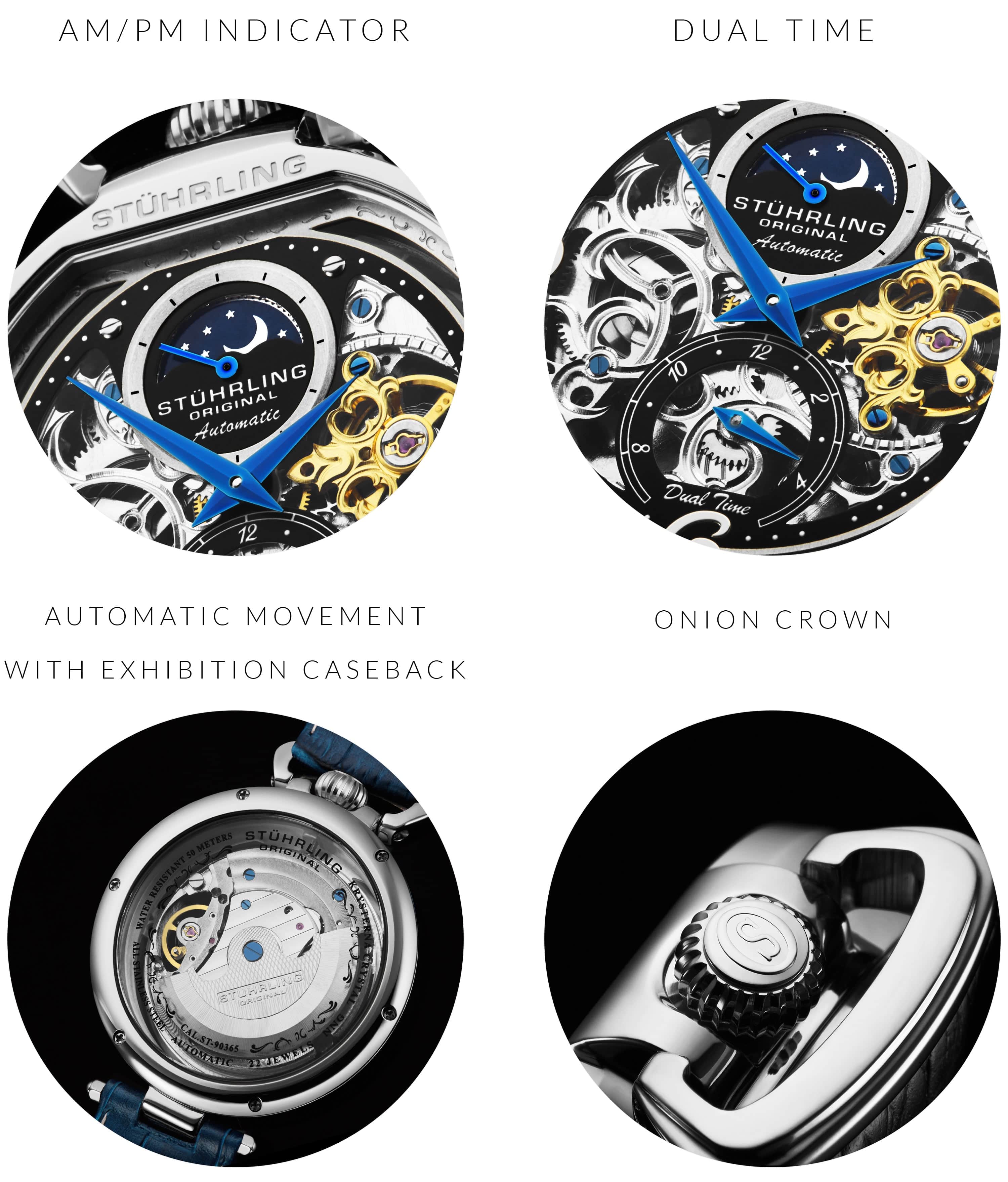 Stührling Modena 3954 Dual Time Automatic 46mm Skeleton - Image 8