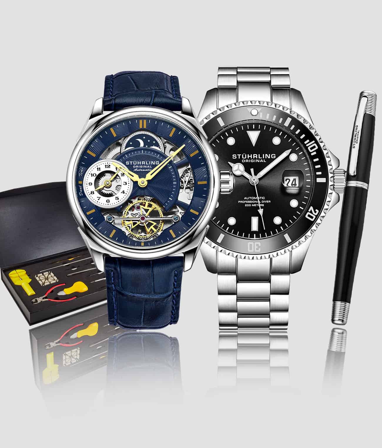 Stührling Presidia 943A.02, Regatta 792.01, Signature Pen, and Watch Tool Kit