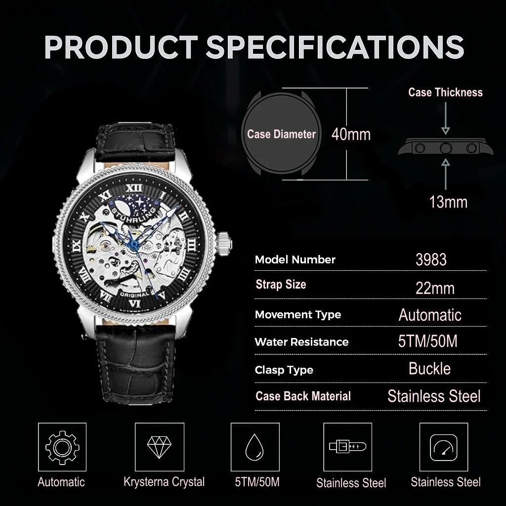Stührling Special Reserve 3983 Automatic 40mm Skeleton - Image 9