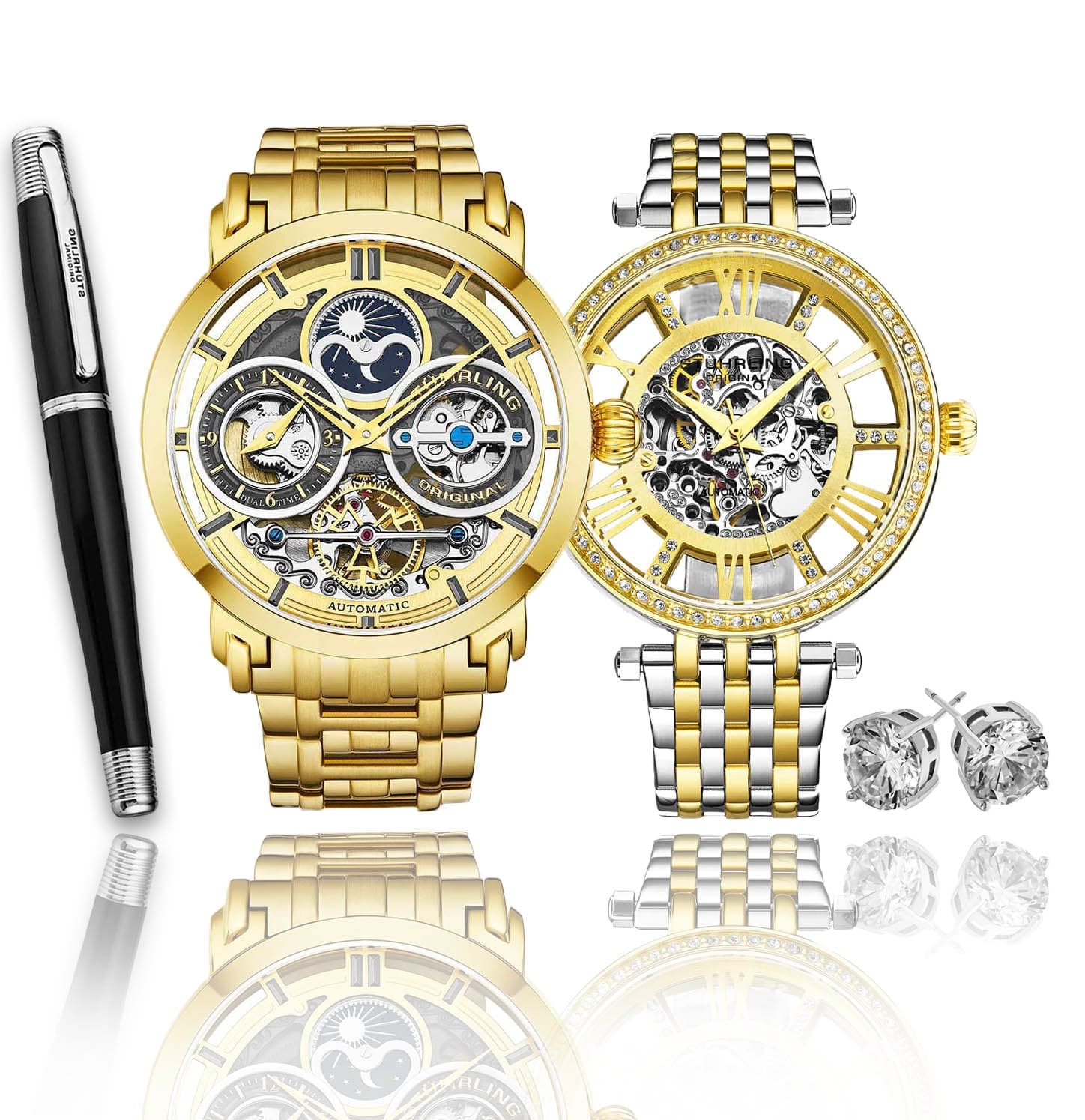 Stührling Stunning Gold Combo Skeletons Duo with Signature Pen and Stud Earring