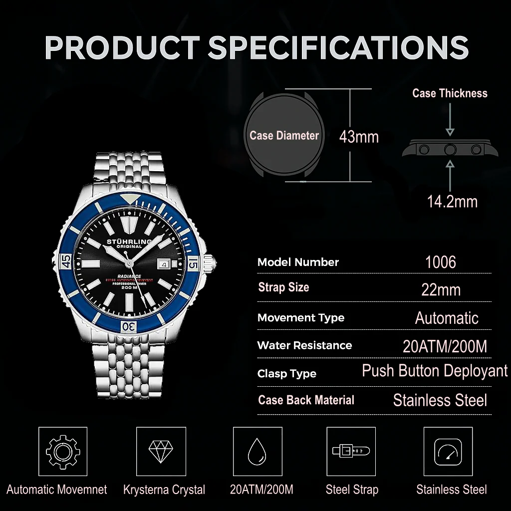 Stührling Swiss Automatic Super Luminova Radiance 1006 43mm Watch - Image 22