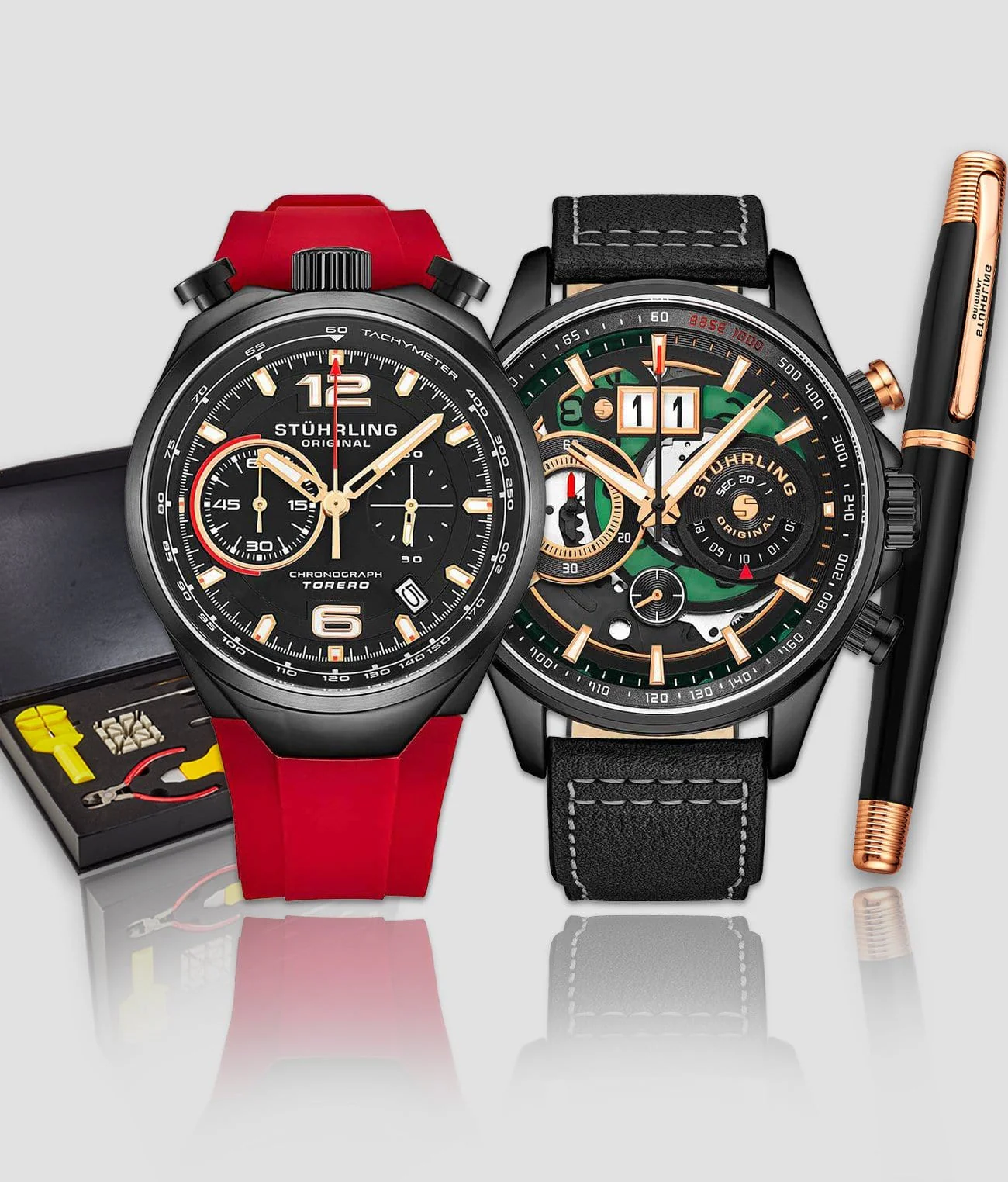 Stührling Tachymeter 923.04, Torero 894.04, Signature Pen, and Watch Tool Kit