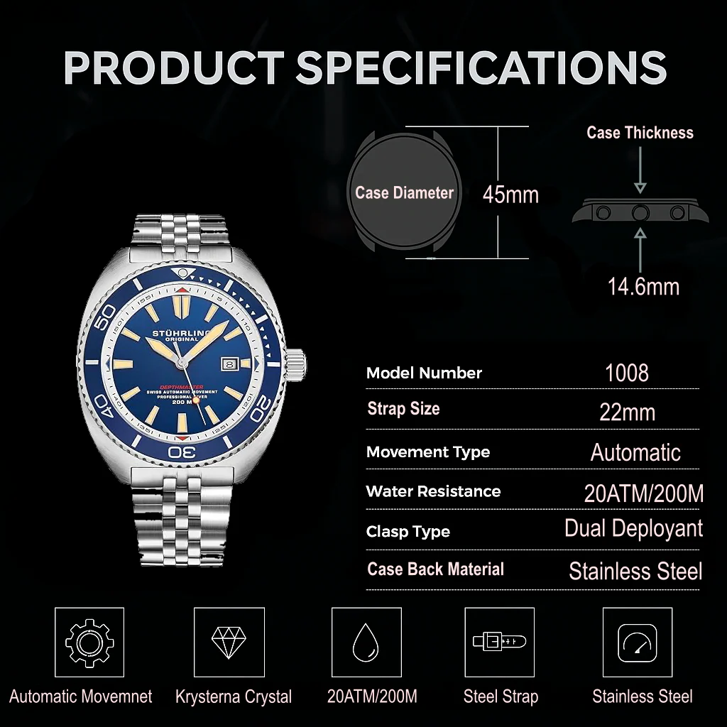 Stührling The Swiss Automatic Depthmaster 1008 45mm Diver - Image 21